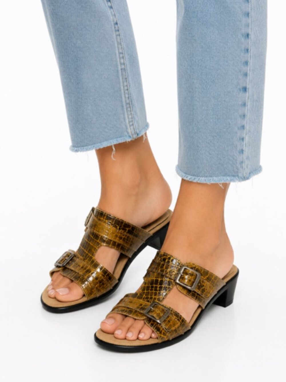 Helle Comfort Croc Print Leather Mule Heels EU 40 Adjustable Comfort Sandals